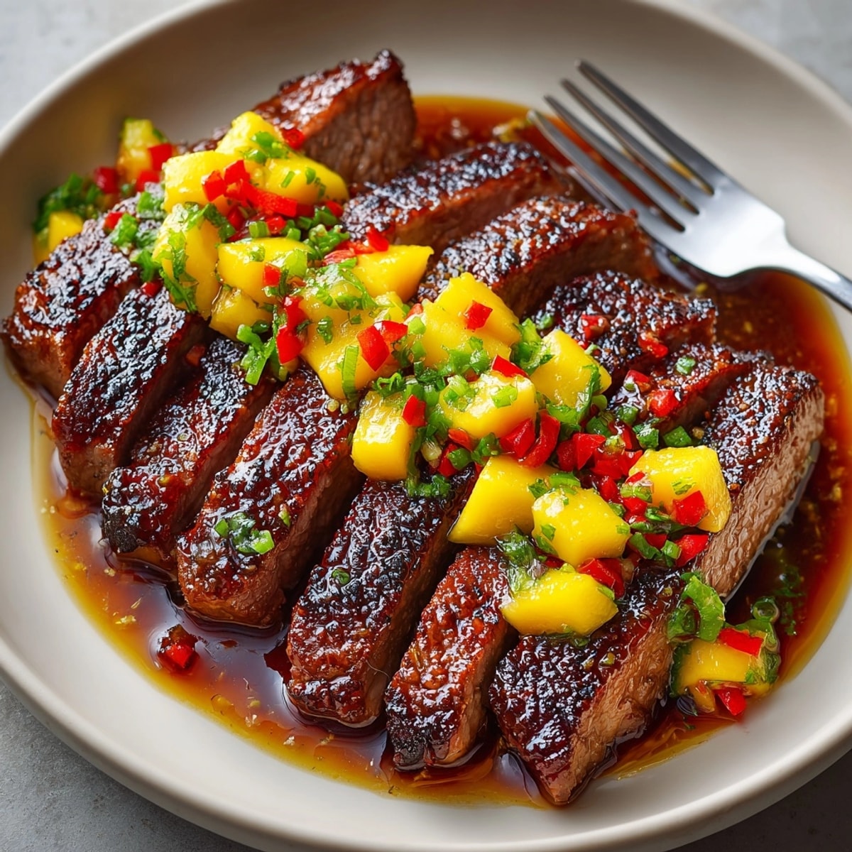 Juicy grilled steak, marinated deeply in vibrant Chili Mango Bourbon, ready to eat.