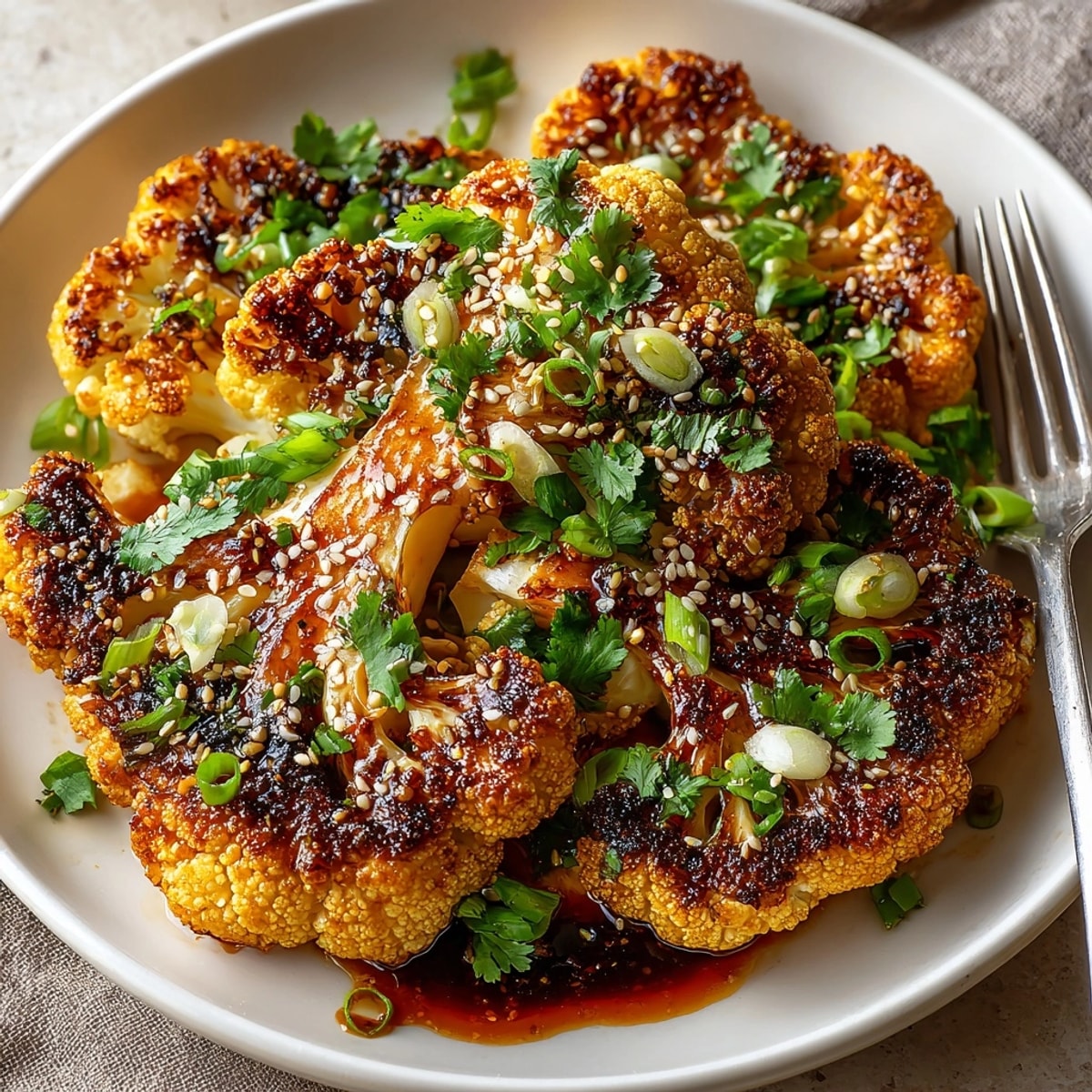 Gochujang-Marinated Cauliflower Steaks, glistening and glazed, ready to be served with fresh scallions and sesame seeds.