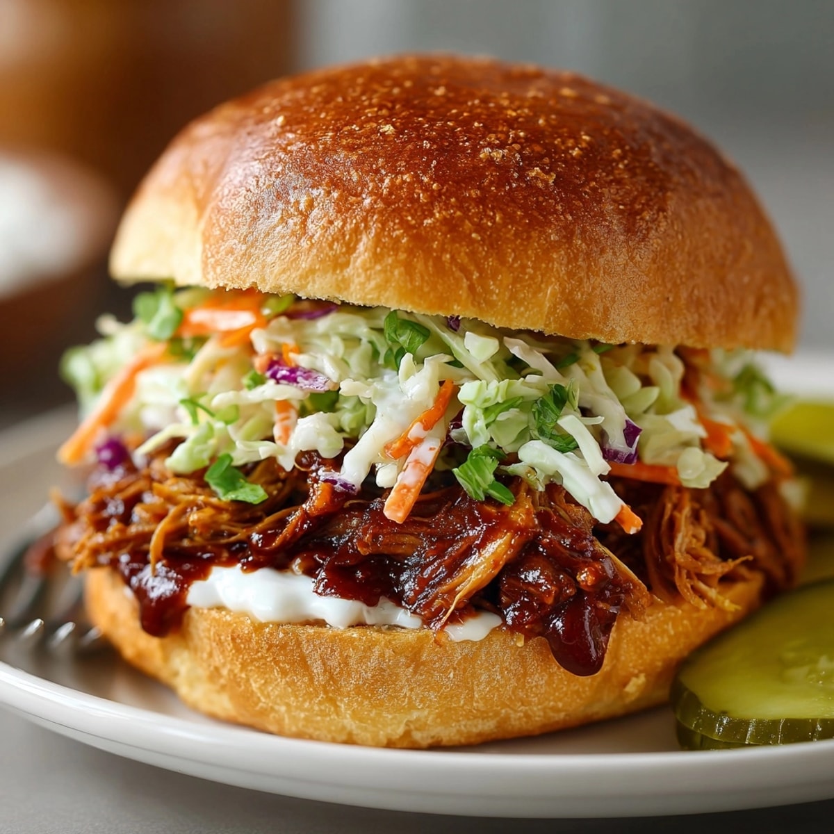 Smoky Applewood BBQ Jackfruit Sliders on toasted buns, topped with creamy slaw and ready to eat.