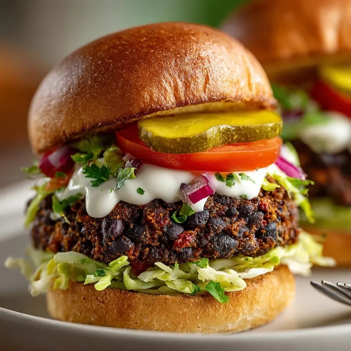Golden-brown Cajun Black Bean Mini Burger Bites, stacked high with fresh tomato and spicy mayo.