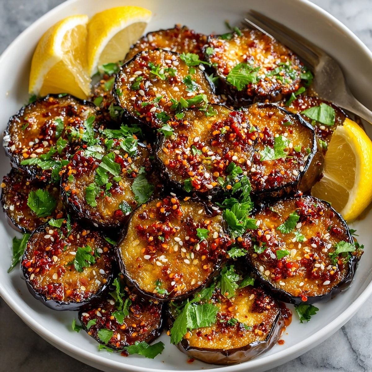 Golden, roasted harissa paste brushed eggplant slices—a vegan side dish ready in under an hour!