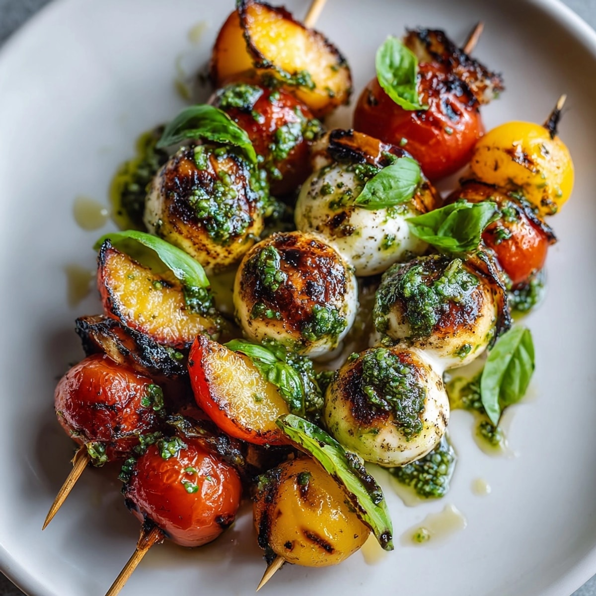 Grilled peach Caprese skewers with basil vinaigrette, a fresh appetizer ready for summer gatherings.