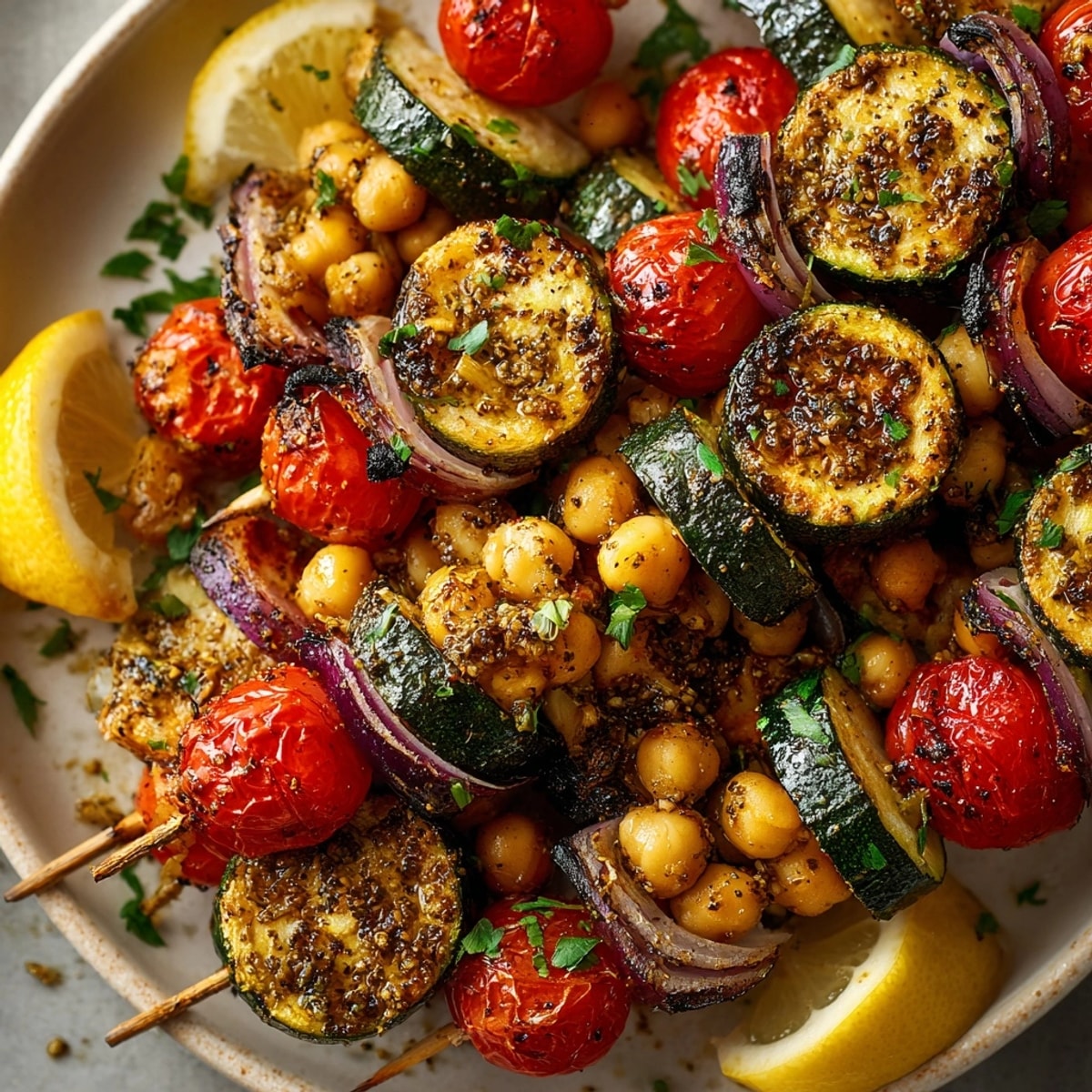 Fire-Roasted Za’atar Chickpea Brochettes with charred veggies, an easy vegan Middle Eastern grilling recipe.