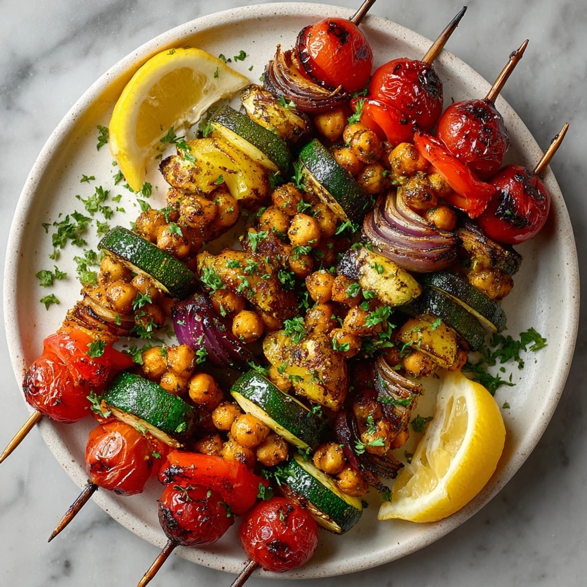 Close-up of grilled Fire-Roasted Za'atar Chickpea Brochettes, ready to serve with fresh parsley and lemon wedges.