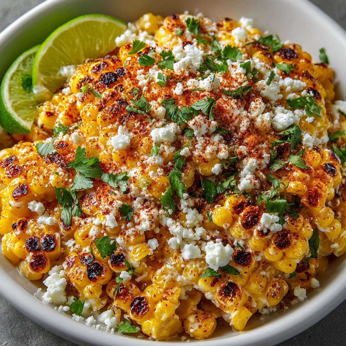 Golden, grilled Street-Style Elote Corn glistening after being tossed with creamy, spiced toppings.