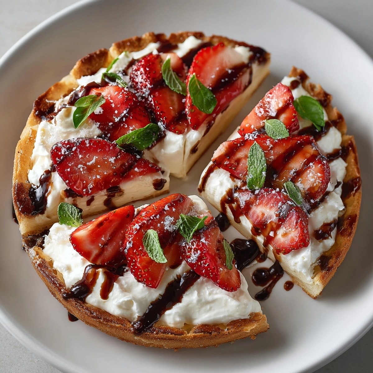Sweet and tangy Balsamic Strawberry Grilled Dessert Pizza—a stunning dessert perfect for summer evenings, sliced and ready.