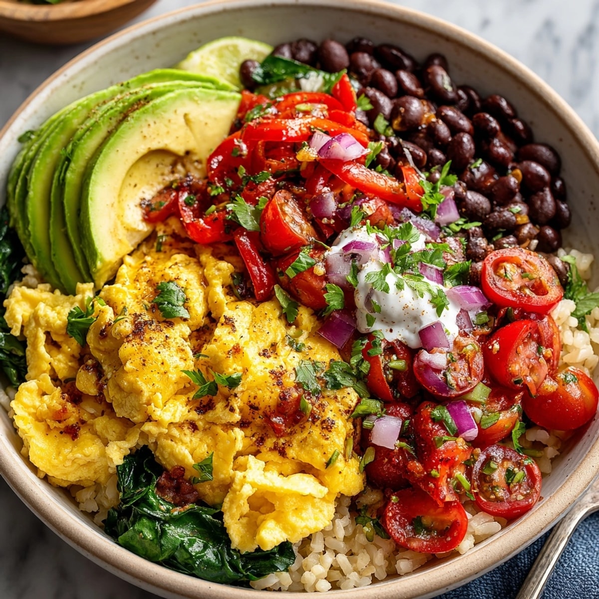 Breakfast Burrito Bowl brimming with colorful veggies, salsa, and fluffy eggs awaiting a forkful.