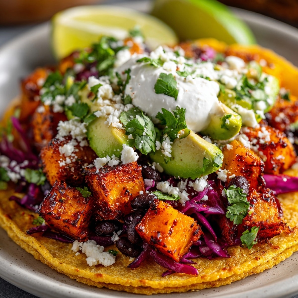 Golden, roasted sweet potato black bean tacos, brimming with colorful toppings and fresh cilantro.