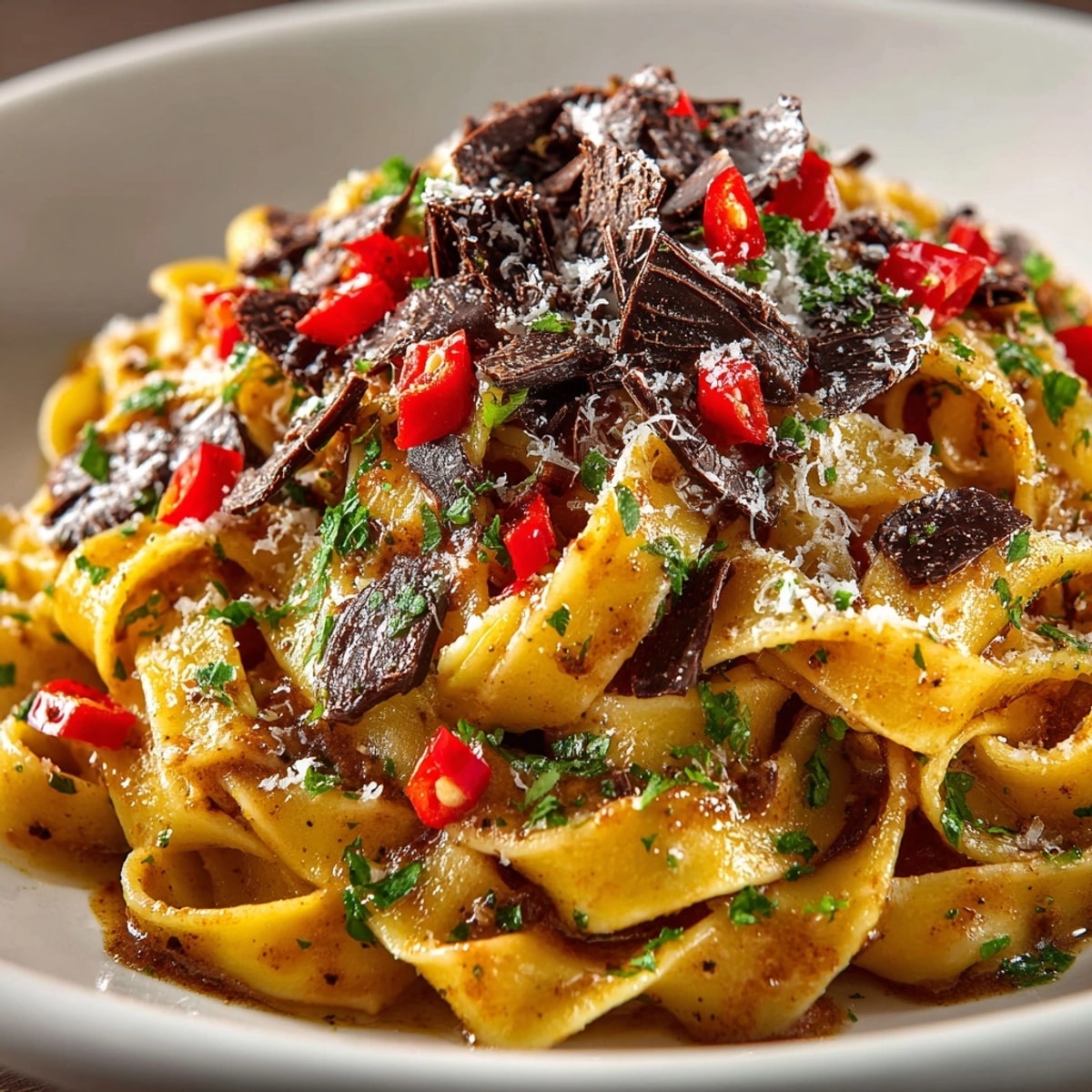 A close-up of Chocolate Chili Pasta, topped with dark chocolate shavings and fresh herbs.