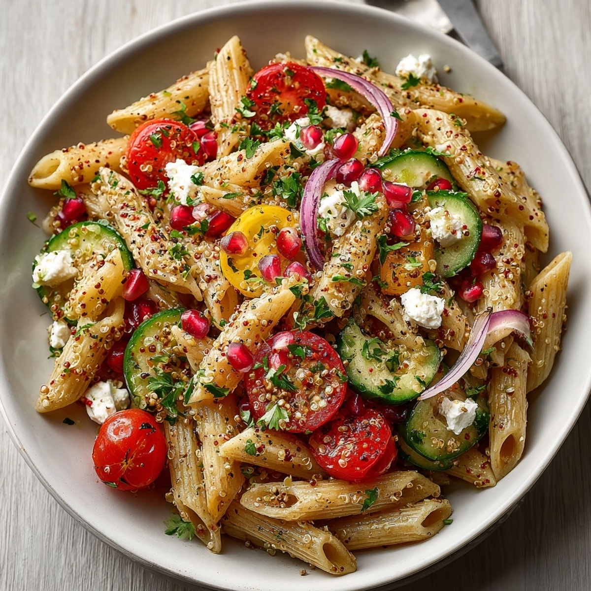 Tossed quinoa pasta salad with pomegranate seeds, a vegetarian delight, bursting with fresh flavors.