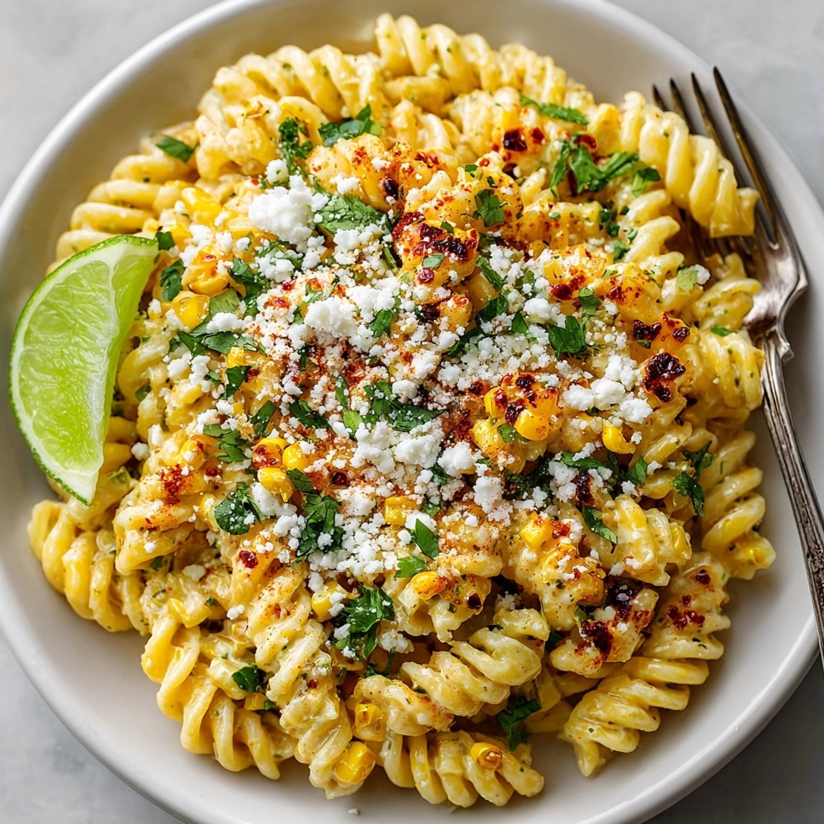 Creamy Mexican Street Corn Pasta topped with cotija cheese, a delightful vegetarian meal.