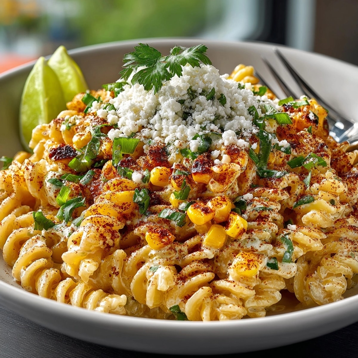 Vivid photo of Mexican Street Corn Pasta with cotija cheese "snow", ready to serve.