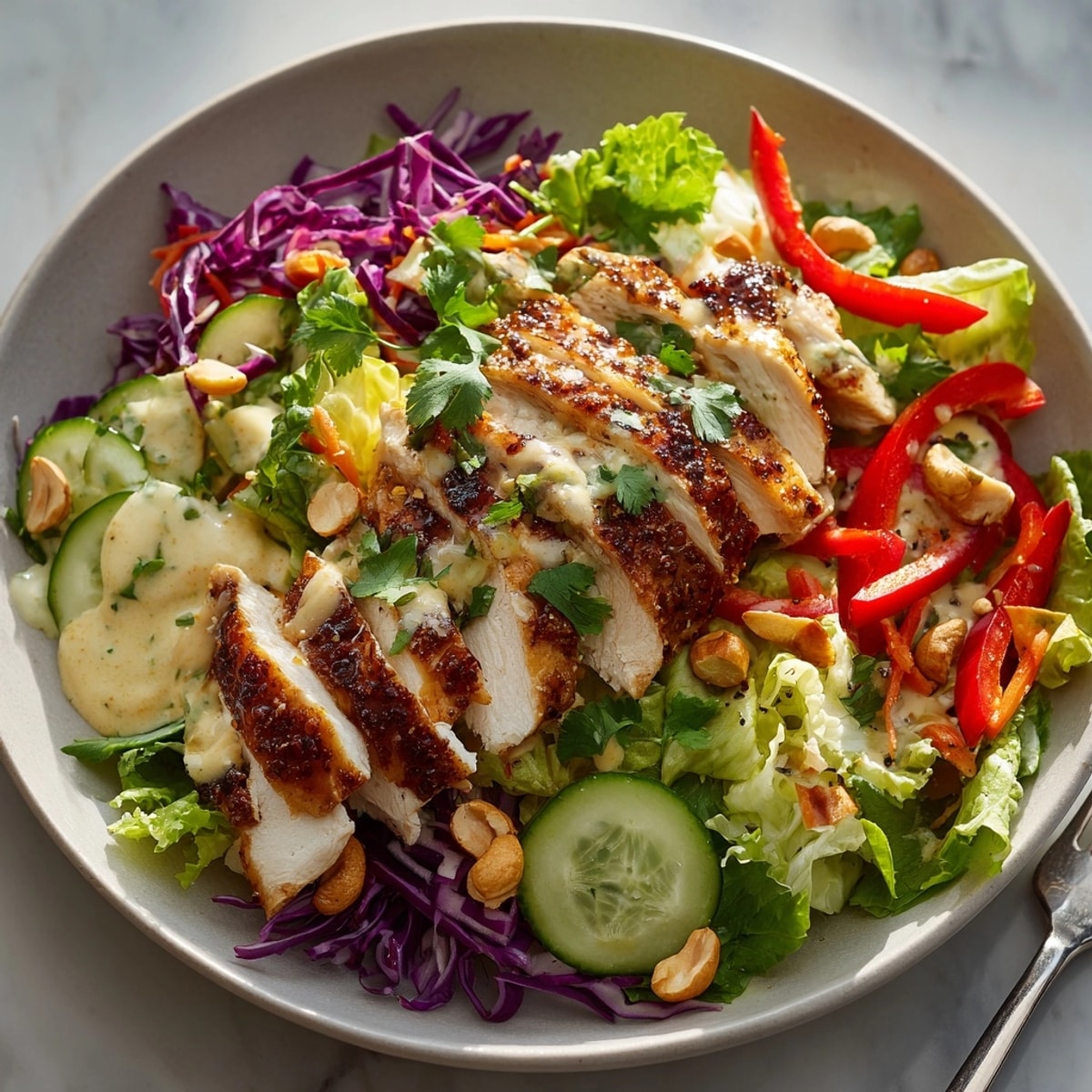Thai Curry Chicken Salad served on vibrant greens with creamy curry dressing and roasted cashews