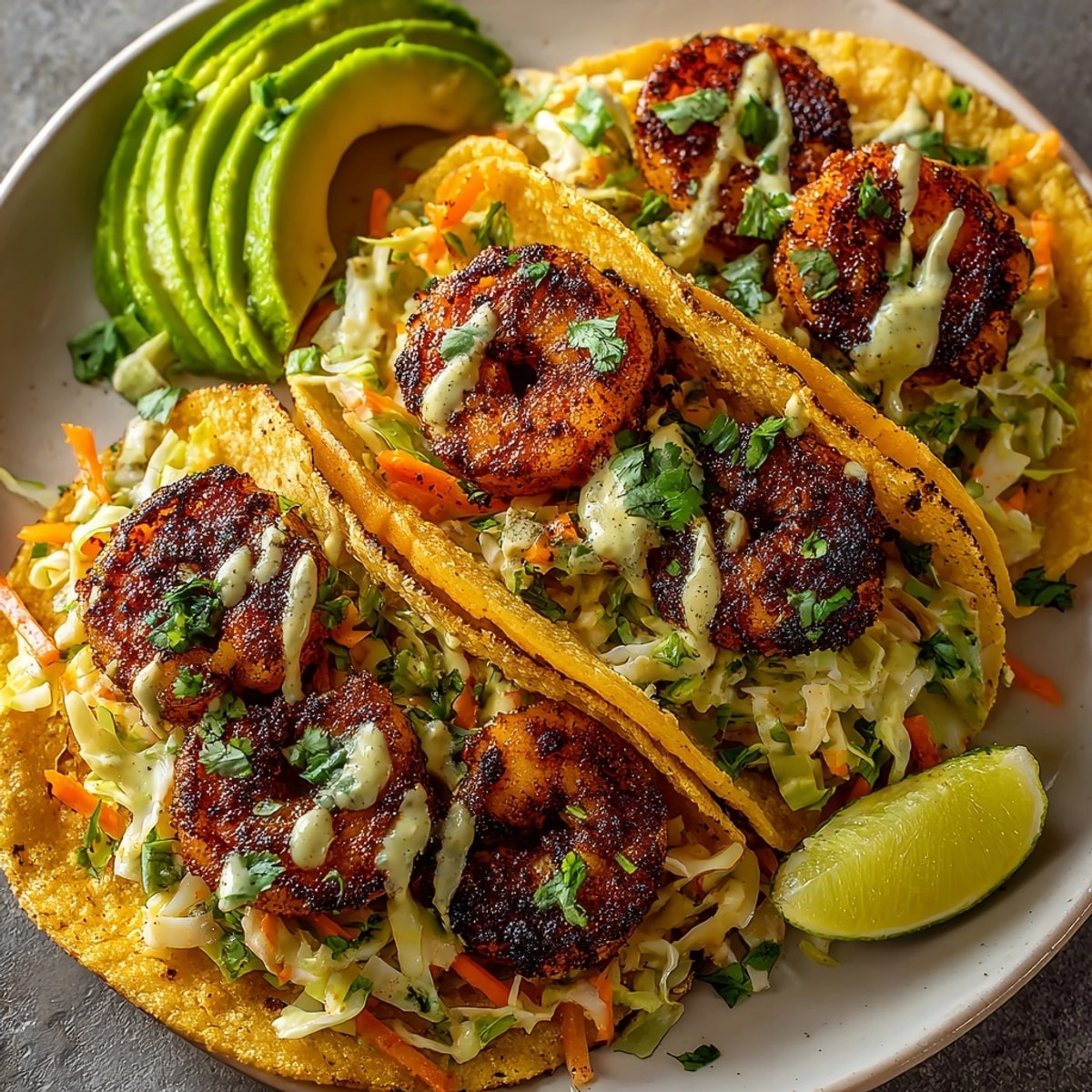 Colorful Cajun shrimp tacos filled with juicy shrimp, crunchy slaw, and creamy sauce
