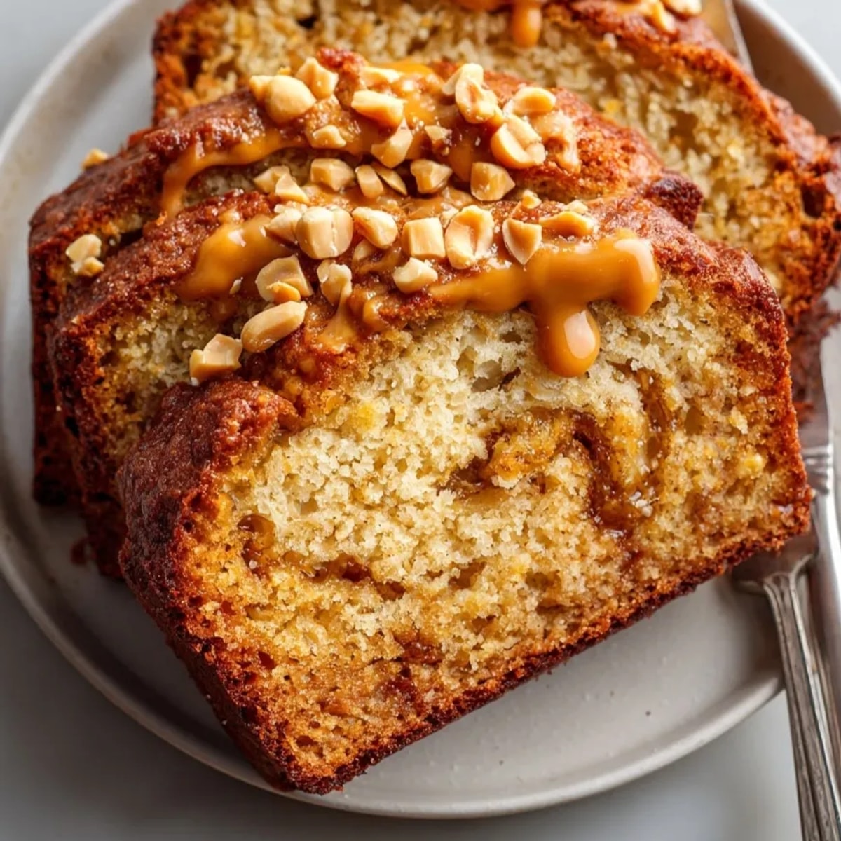 Freshly baked peanut butter banana bread loaf cooling on a rack, golden and moist