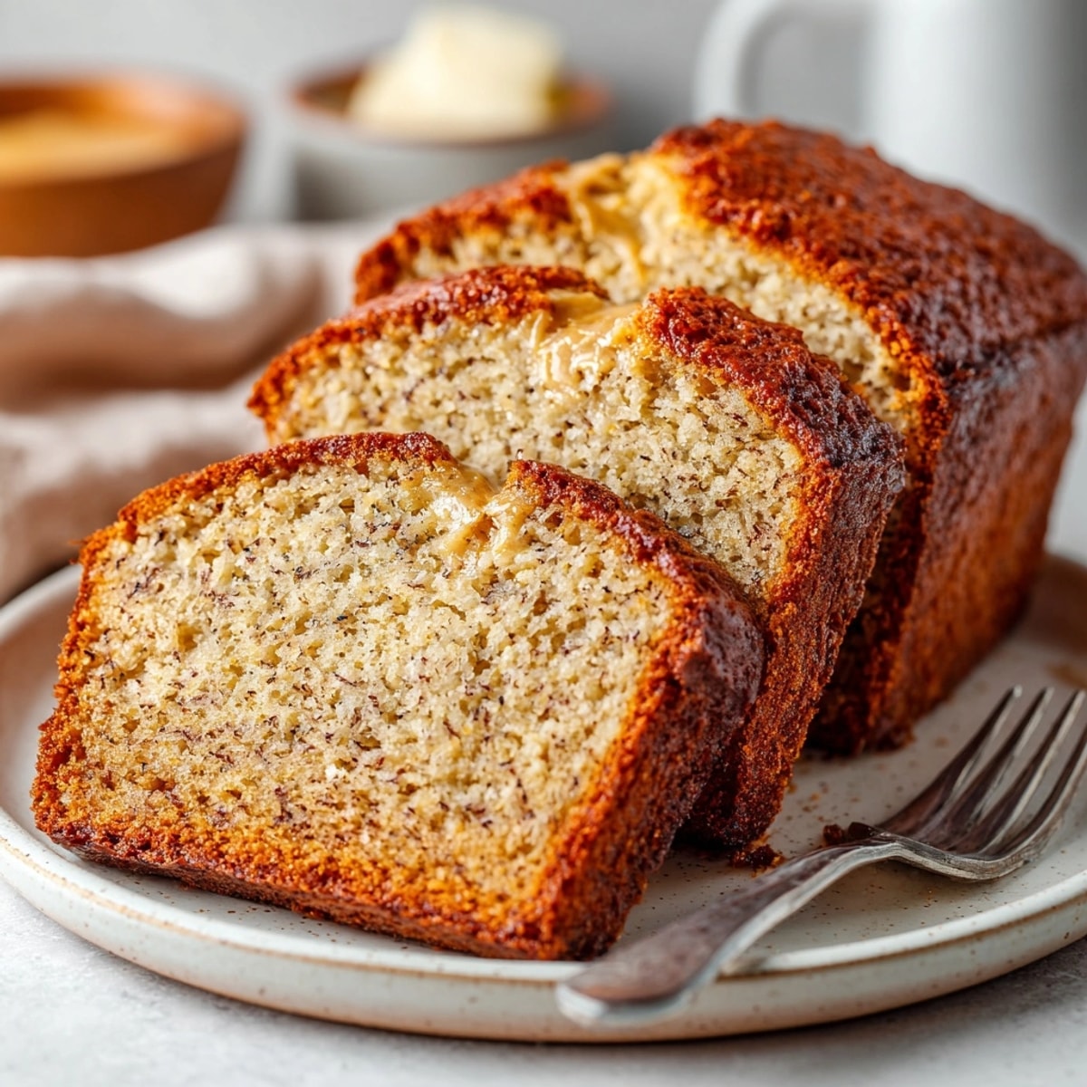 Peanut butter banana bread served warm with melty butter, perfect for a cozy breakfast
