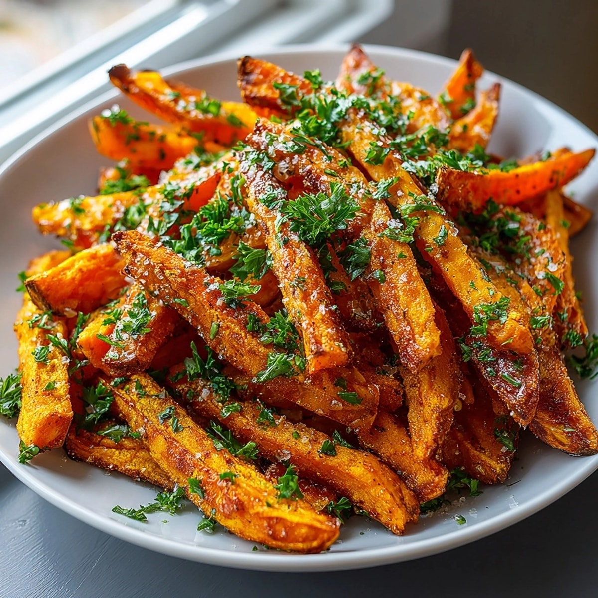 Golden Cajun spiced sweet potato fries arranged on a tray, ready for dipping.