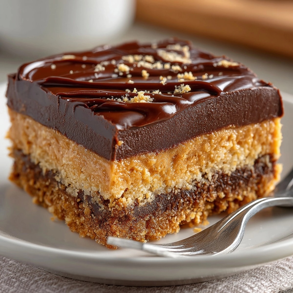 Peanut Butter Chocolate Bars stacked on a plate, showing creamy layers and glossy chocolate topping.