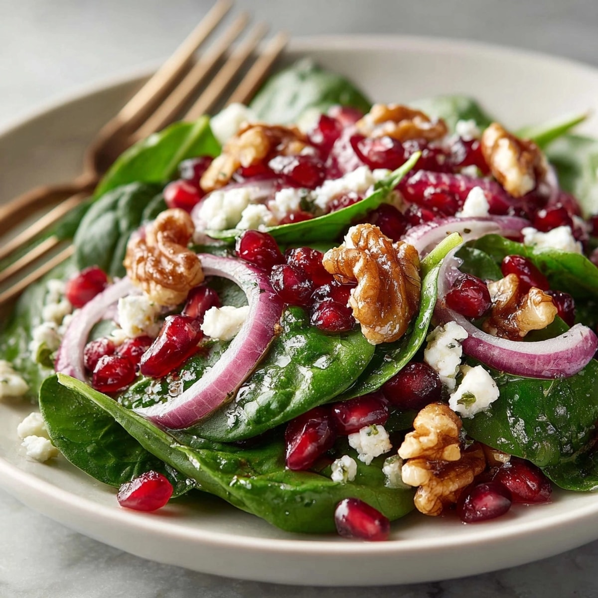 Fresh pomegranate spinach salad with feta and walnuts, tossed in homemade vinaigrette, served in a white bowl.