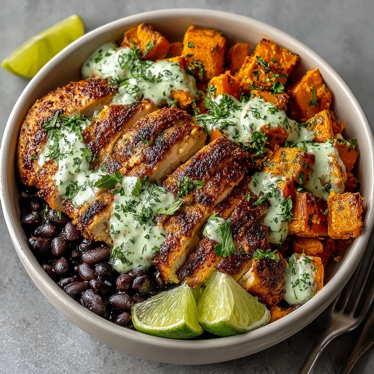 Chipotle Chicken Bowl with Black Beans, Sweet Potatoes, and Cilantro Lime Sauce served fresh, bursting with color and flavor.
