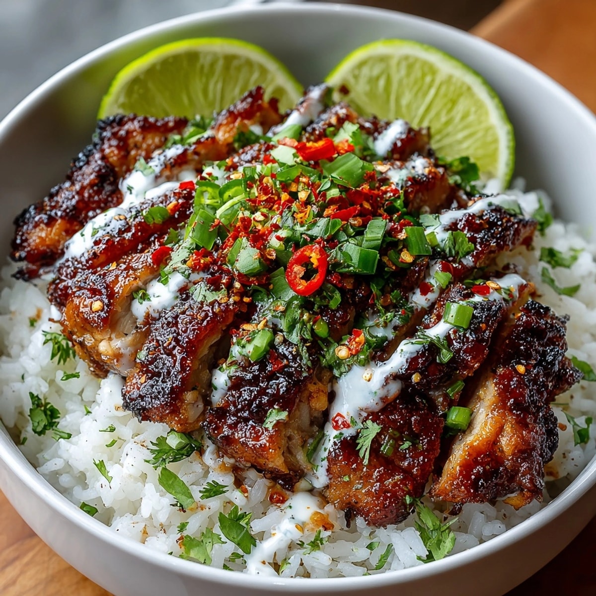 Lightly charred sweet chili chicken bowl with coconut lime drizzle and fresh herb toppings.