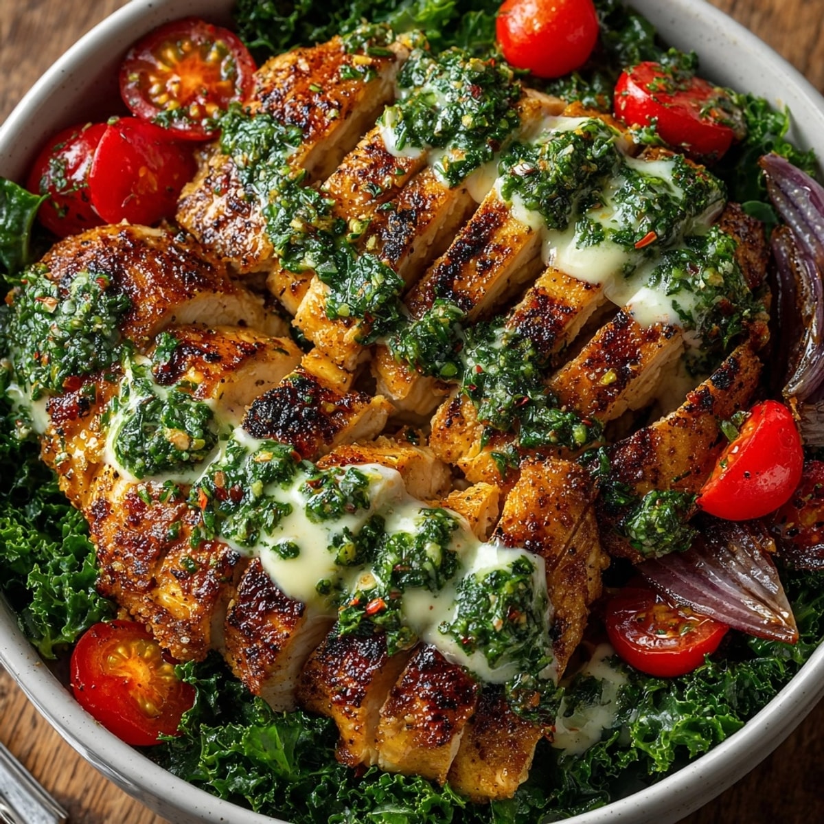 Chimichurri Grilled Chicken Bowl with Garlic Sauce served over sautéed greens and roasted vegetables.