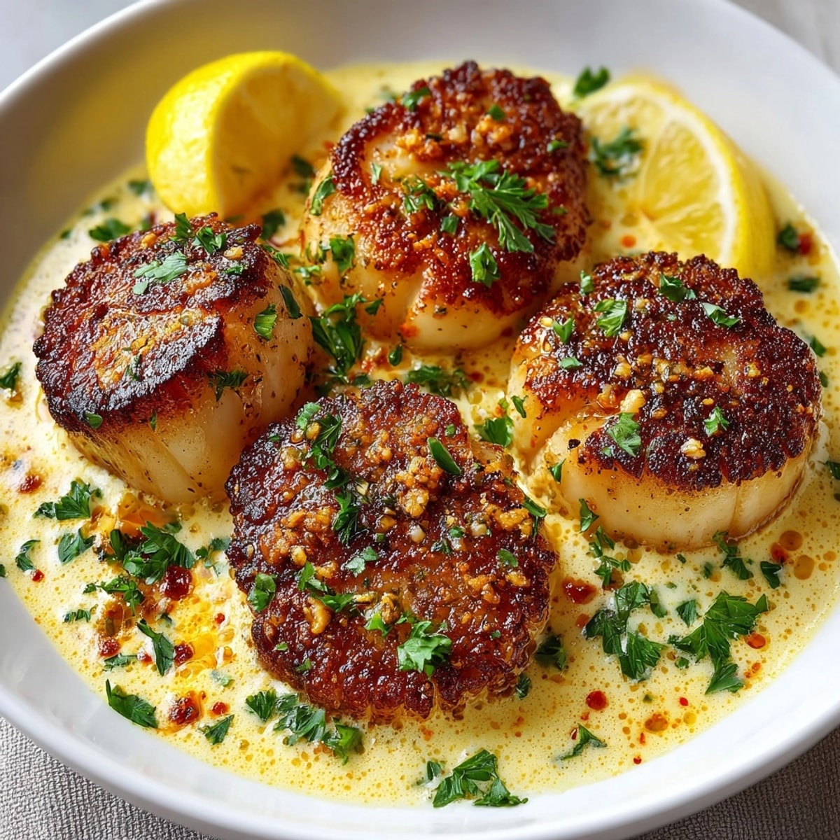Seared scallops with spicy Cajun cream sauce, garnished with parsley and served hot in a skillet.