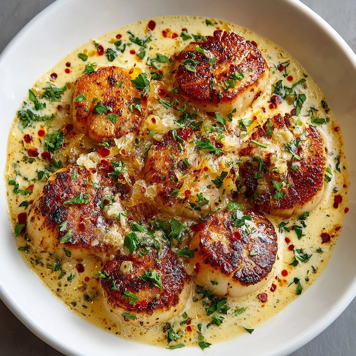 Seared scallops in a rich, smoky Cajun cream sauce, glistening with golden edges and fresh herbs.