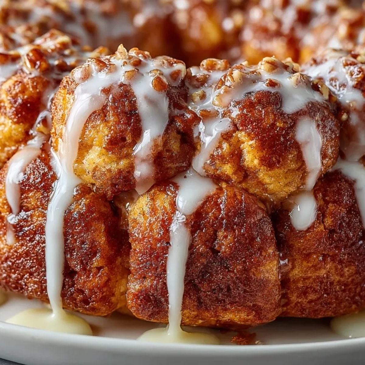High protein, no sugar monkey bread with golden cinnamon crust, served warm for dessert.