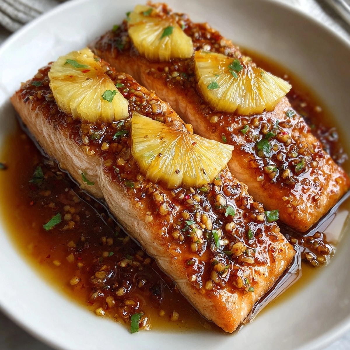 Honey Pineapple Salmon fillets glazed in golden sauce, garnished with fresh pineapple slices on a platter.