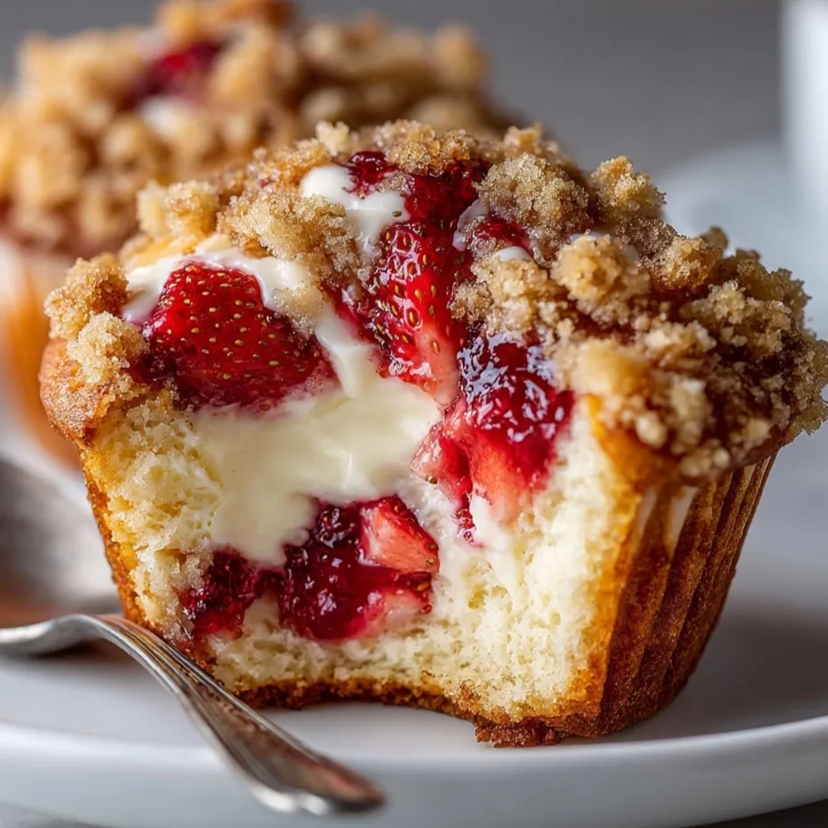 Freshly baked Strawberry Cream Cheese Muffins with golden crumb topping cooling on a wire rack.
