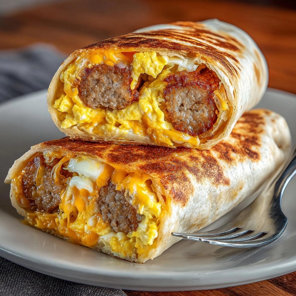 Sausage Egg & Cheese Roll-Ups stacked on a plate, featuring gooey cheese and golden tortillas.