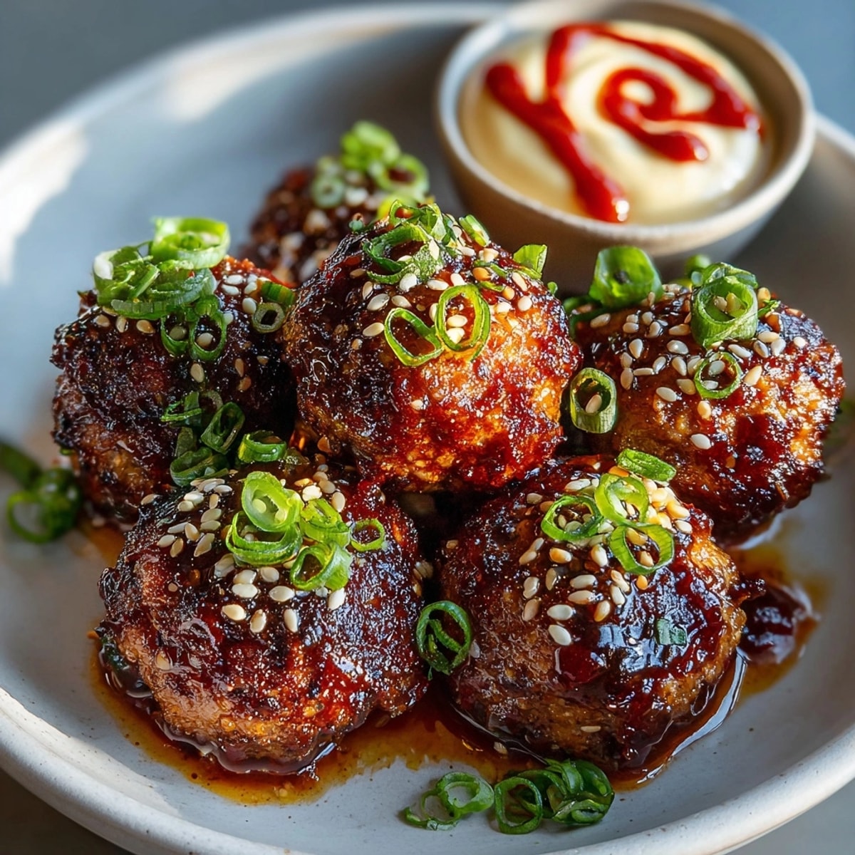 Korean BBQ Meatballs with Spicy Mayo Dip served on a platter, glistening with sweet-savory glaze and fresh scallions.