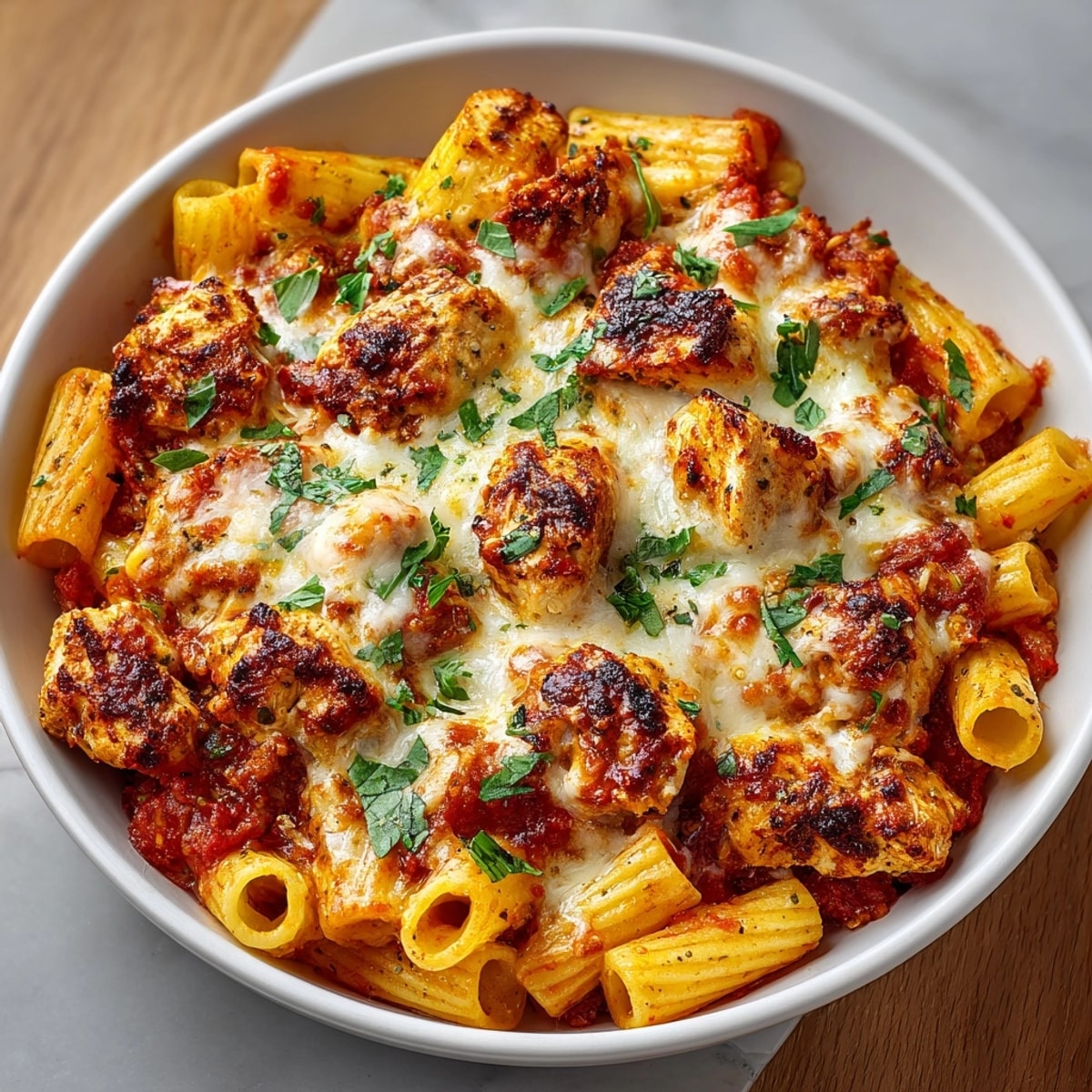 Golden, bubbly Cheesy Chicken Parmesan Pasta Skillet; an easy, comforting Italian-American weeknight meal.