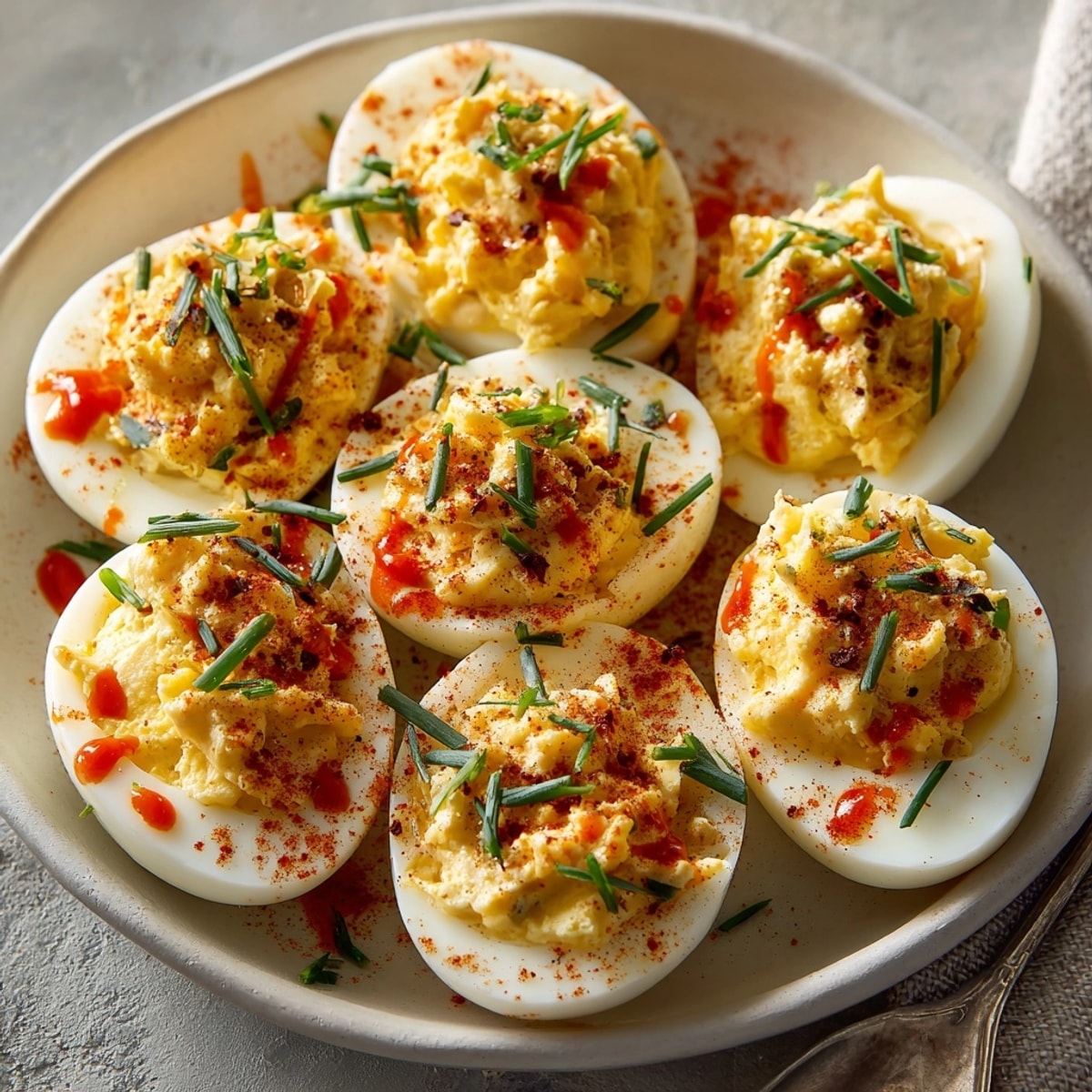 Creamy Garlic Sriracha Deviled Eggs, topped with chives—a zesty appetizer ready to serve.