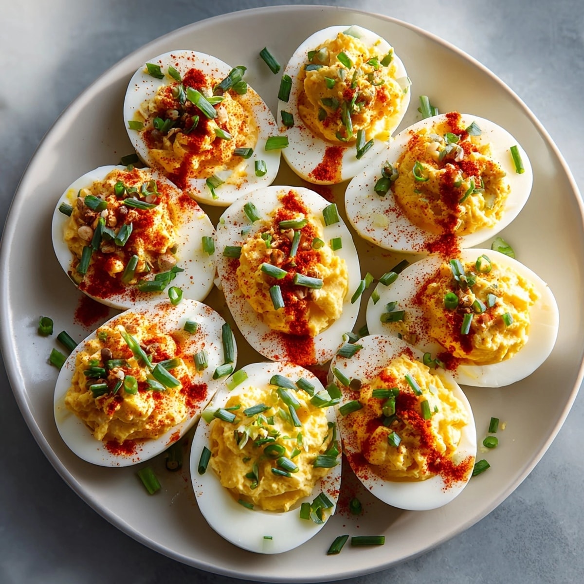 A batch of Garlic Sriracha Deviled Eggs, featuring a smooth and spicy yolk filling.