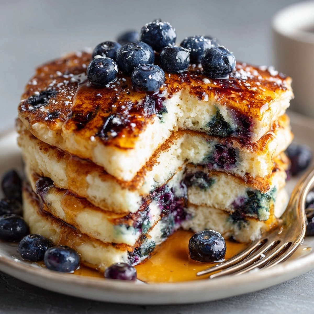 Stack of warm Ricotta Blueberry Pancakes, lightly browned and topped with maple syrup.