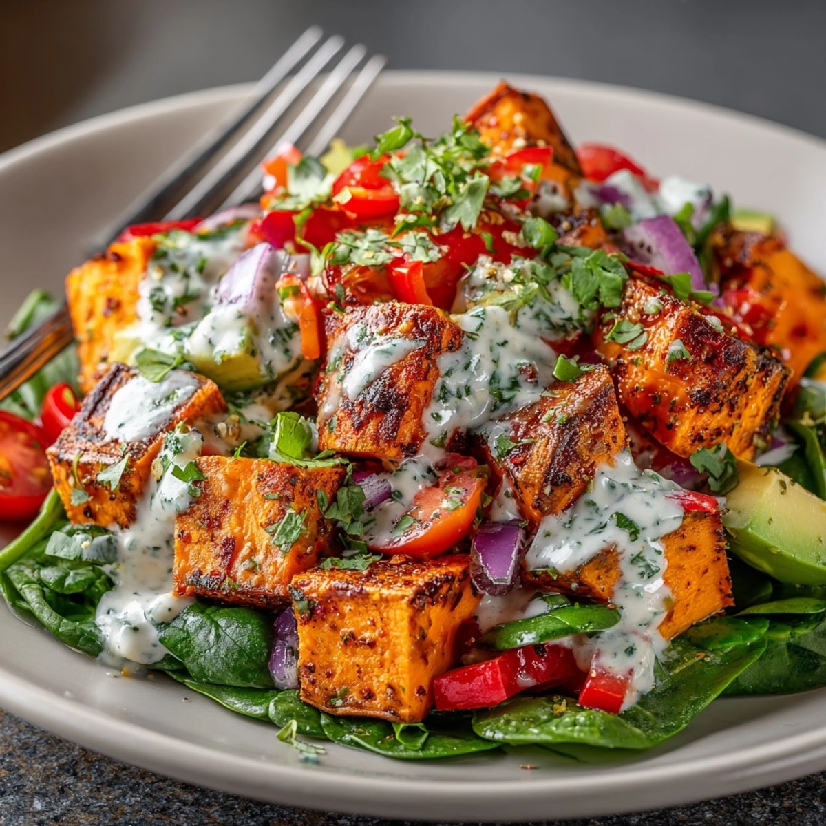 Cajun Roasted Sweet Potato Salad: golden sweet potatoes, vibrant veggies bathed in creamy dressing.