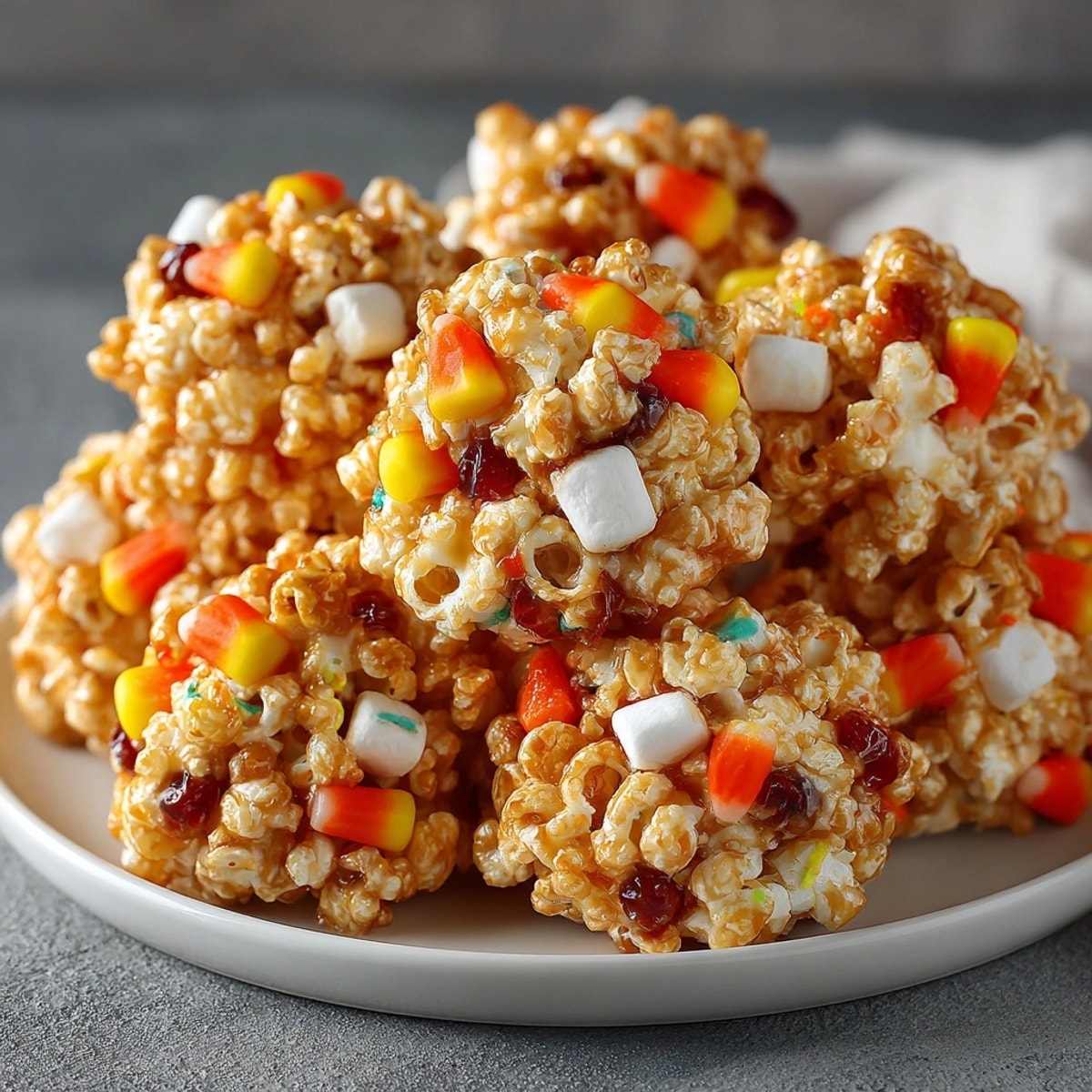 Close-up of golden Candy Corn Popcorn Balls on parchment, ready to eat.