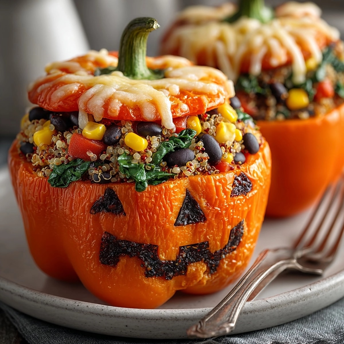 Savory Vegan Jack-o'-Lantern Stuffed Peppers baking, bubbling with a colorful quinoa filling inside.