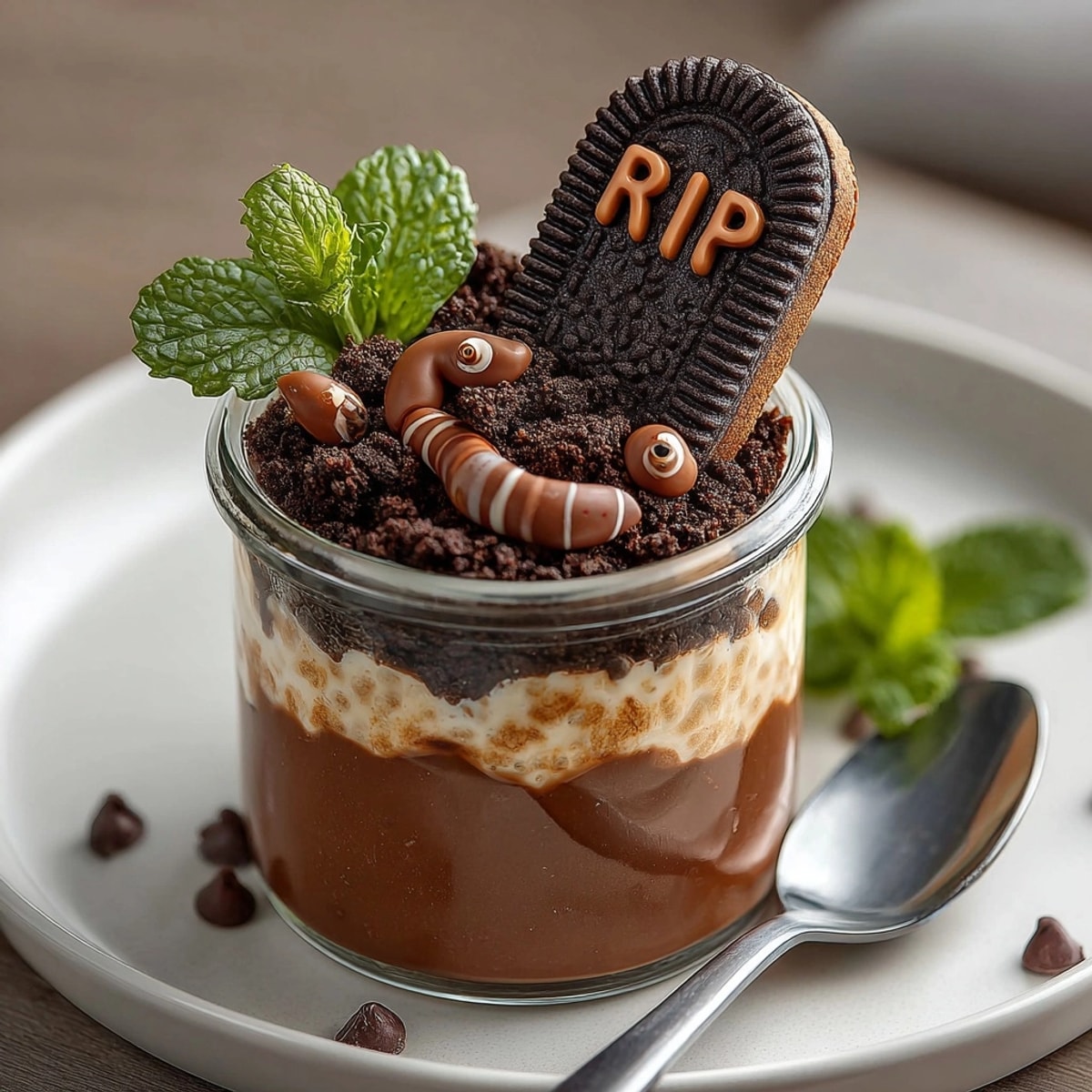 Chocolate Overnight Oats "Graveyard" looks creamy and spooky, topped with tombstone cookies.