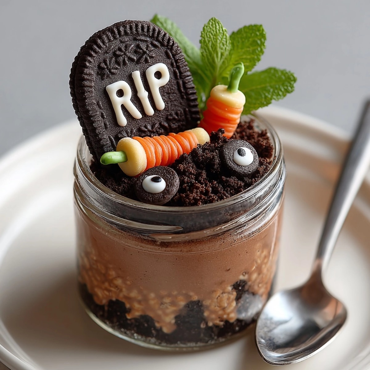 Imagine creamy Overnight Oats "Graveyard": chocolatey layers under cookie tombstones topped with crumbs.