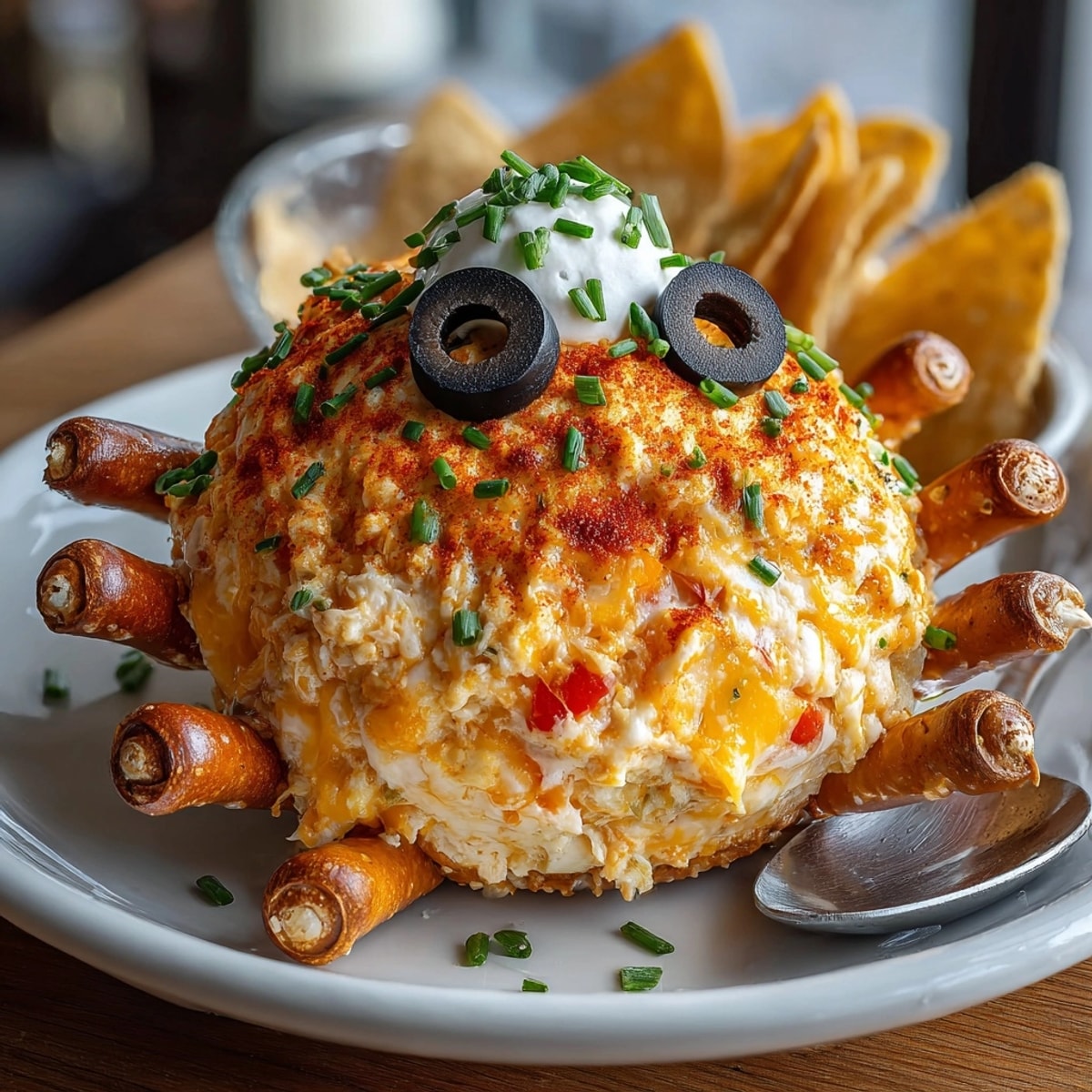 Close-up of bubbling, savory Cheesy Spider Dip with salty pretzel legs for Halloween.