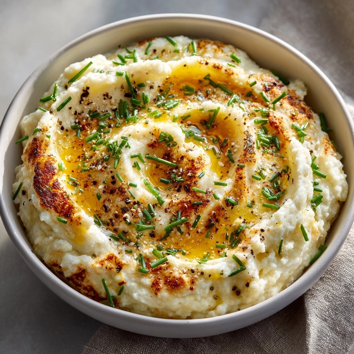 Creamy Cauliflower Mash with Garlic, freshly made and garnished with bright green chives.