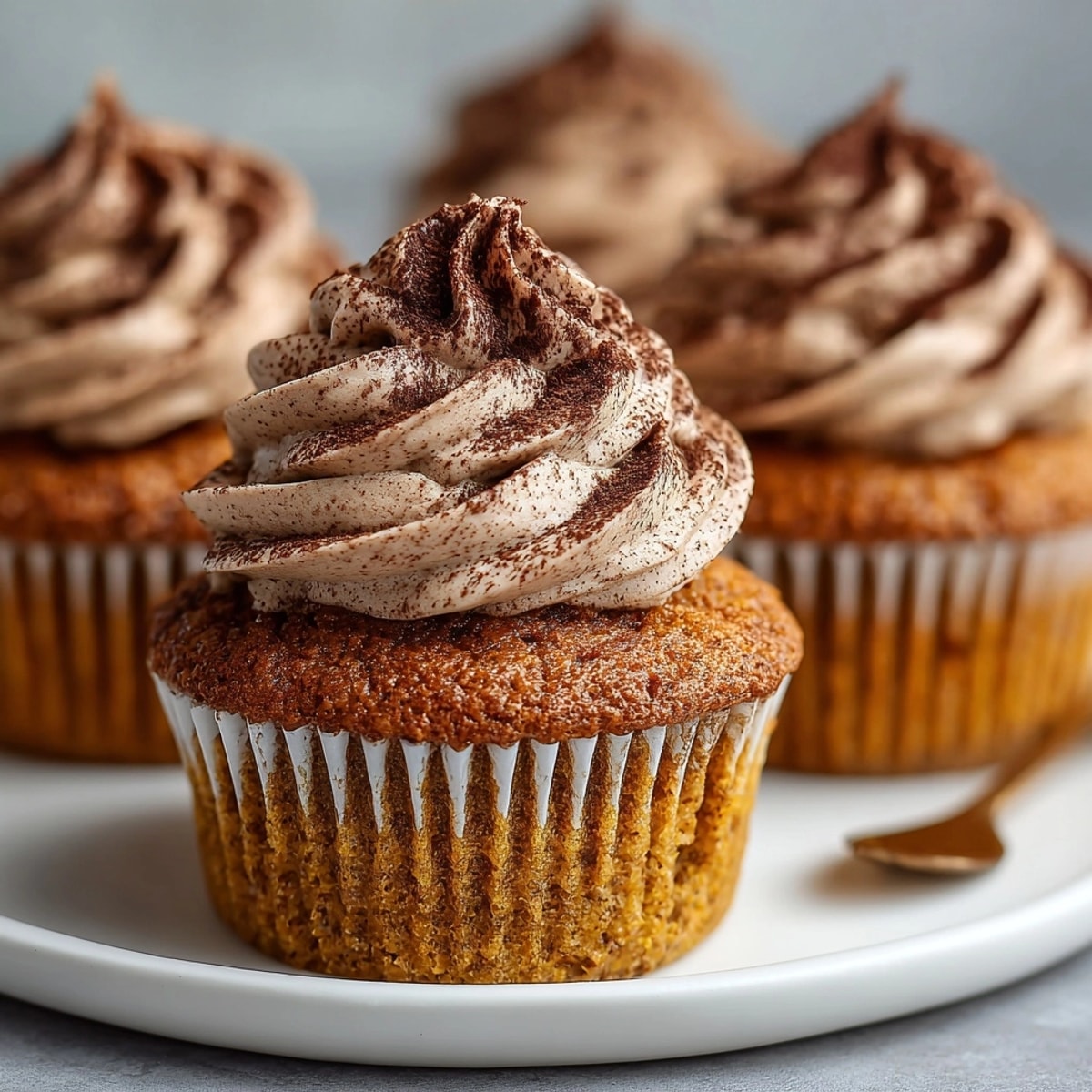 Close-up of frosted Pumpkin Spice Latte Cupcakes, hinting at autumn flavors and coffee.