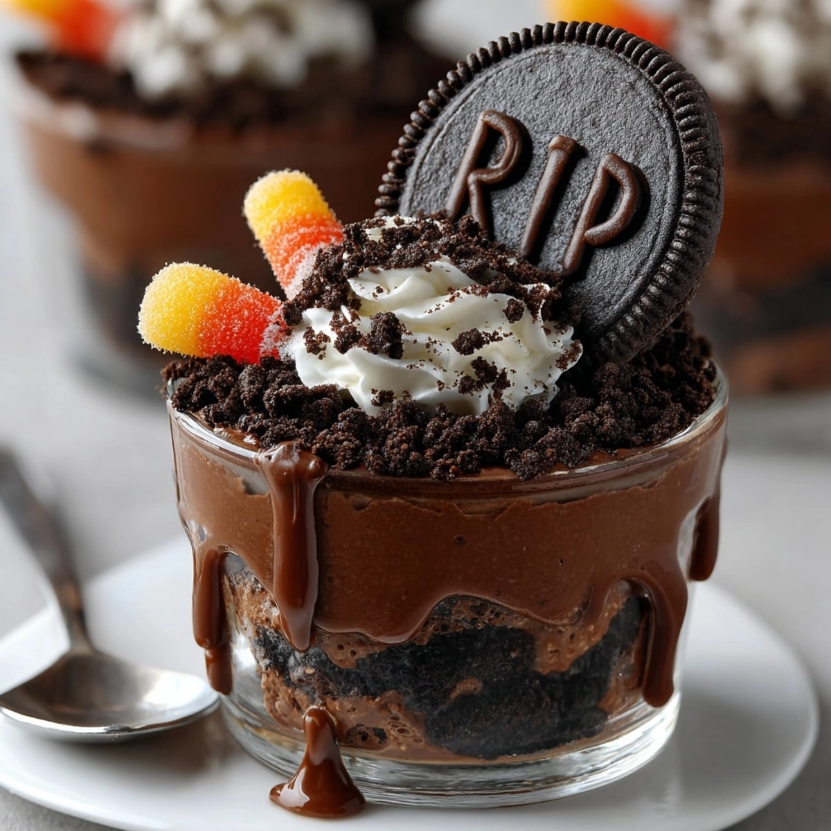 Halloween Graveyard Dirt Pudding Cups: Layers of creamy chocolate, cookie "dirt", and gummy worms.