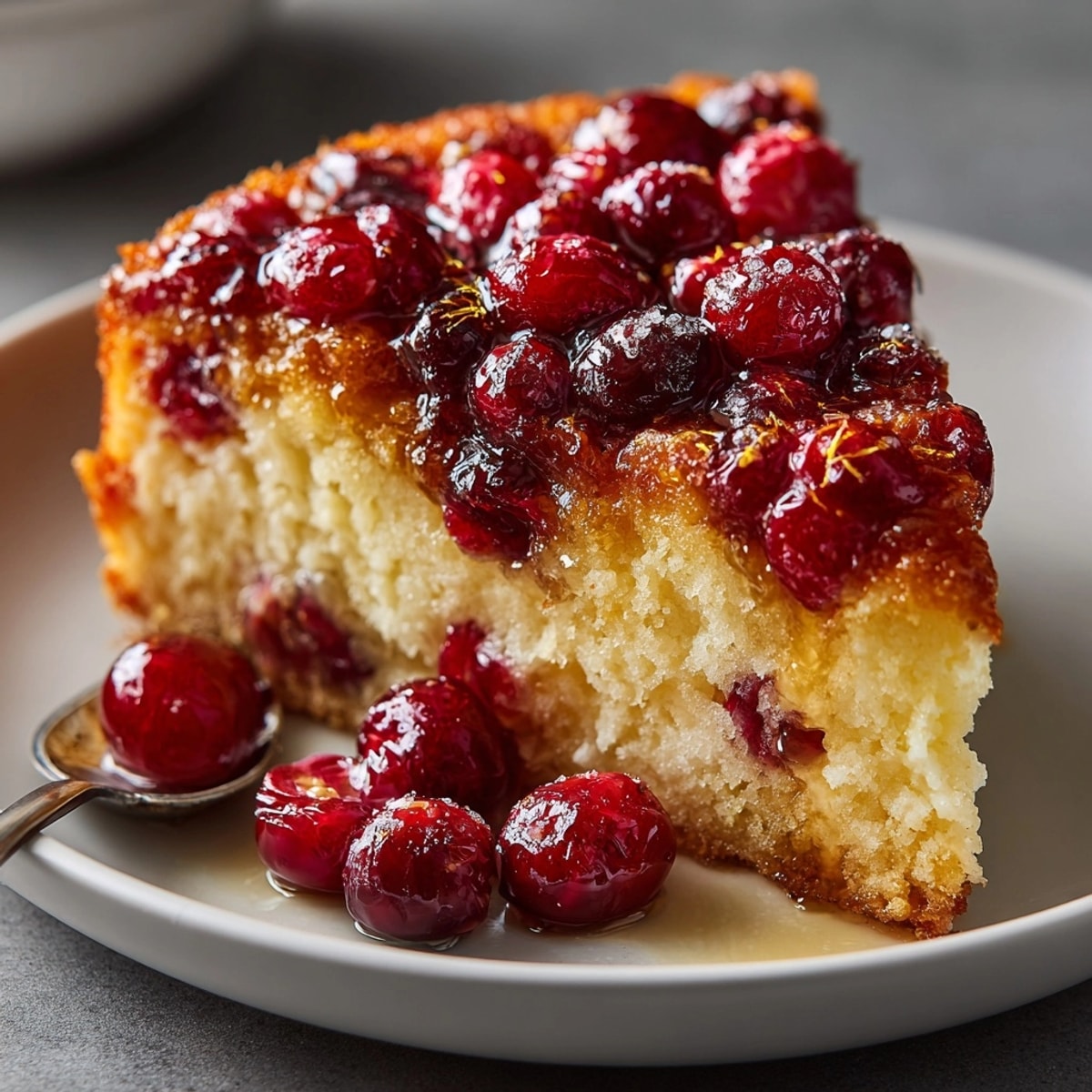 Golden-brown Cranberry Upside-Down Cake with glistening cranberries, a sweet and tart winter dessert.
