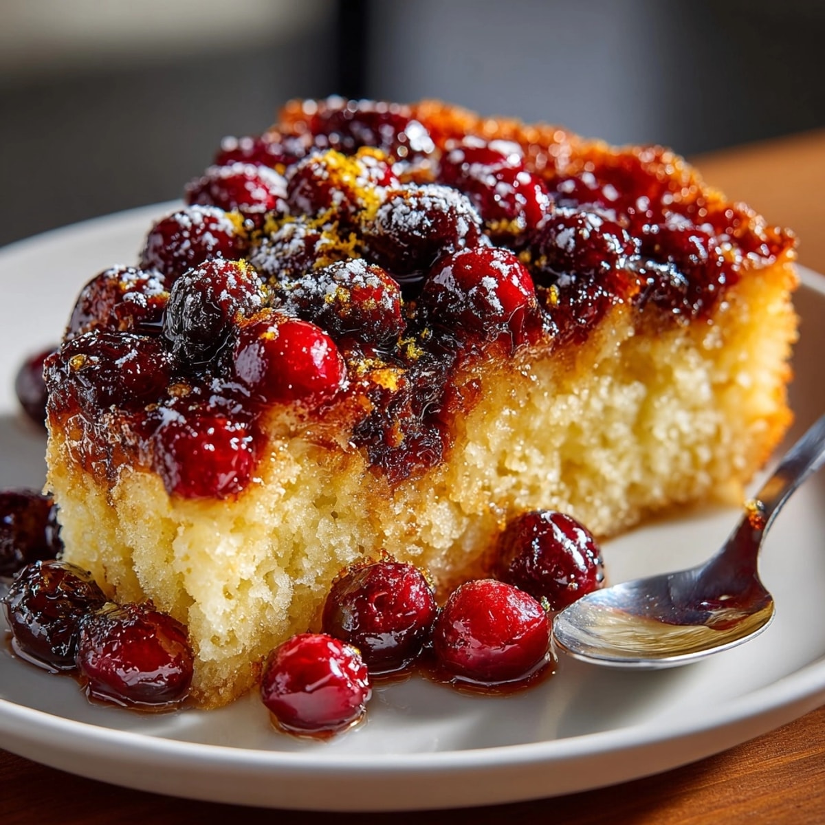 Homemade Cranberry Upside-Down Cake, served warm with vanilla ice cream—tangy, comforting, and delicious.