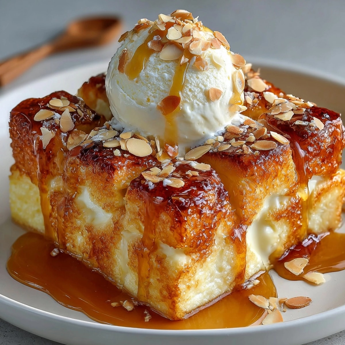 Golden-brown Honey Butter Toast fresh from the oven, topped with vanilla ice cream.