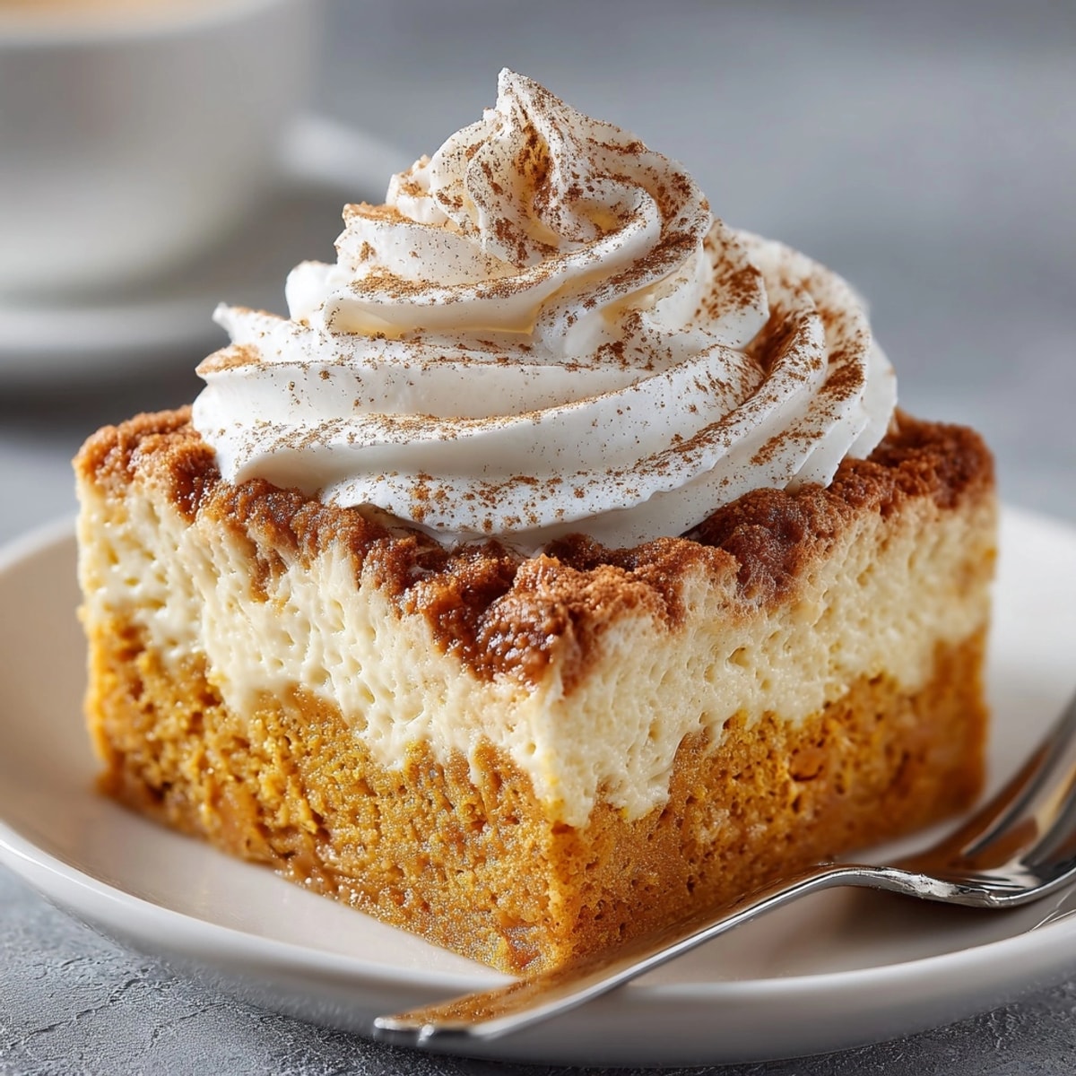 Golden-brown slice of Pumpkin Magic Cake, soft custard, whipped cream, and cinnamon dusting.